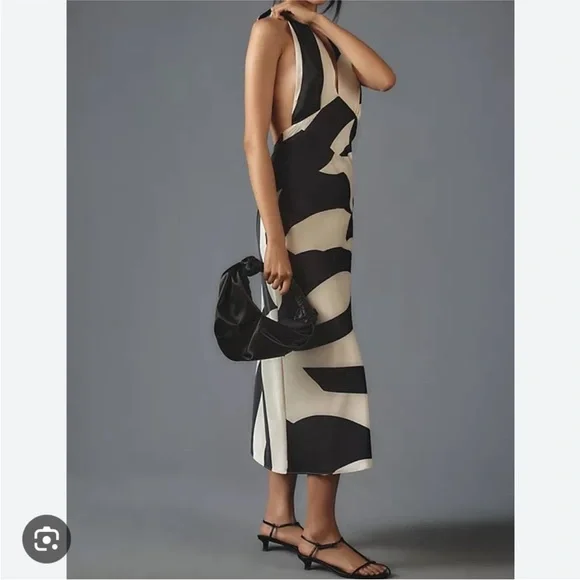 Bardot Citron black ivory halter midi dress back zip satin 4 s small - Picture 6 of 11